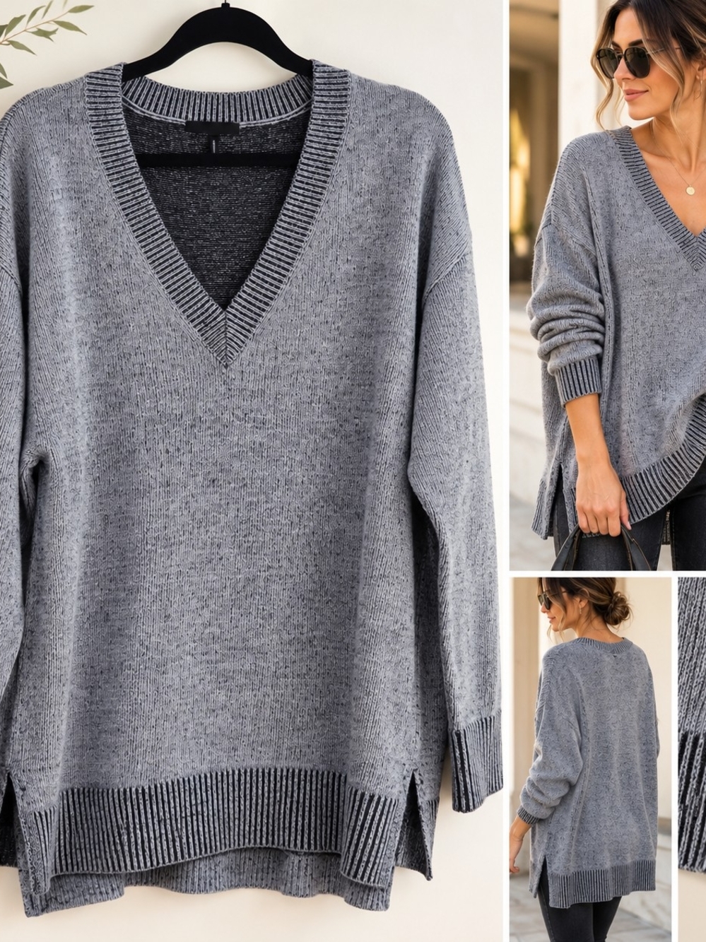 Gray Oversized V Neck Sweater L Lagenlook Coastal Quiet Luxury Casual Tunic